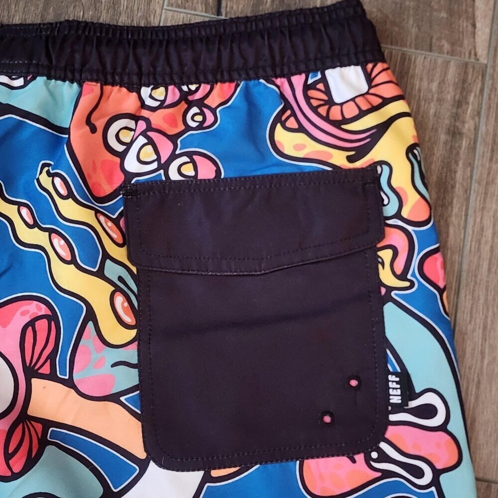 Neff Swim Trunks Shorts Mens Large Psychedelic Mushroom Print Drawstring Pocket - Picture 9 of 13
